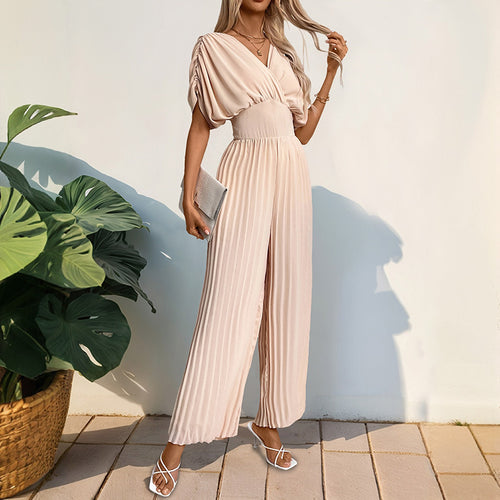 Damen Eleganter Jumpsuit mit tiefem V-Ausschnitt und voluminösen Ärmeln Drune