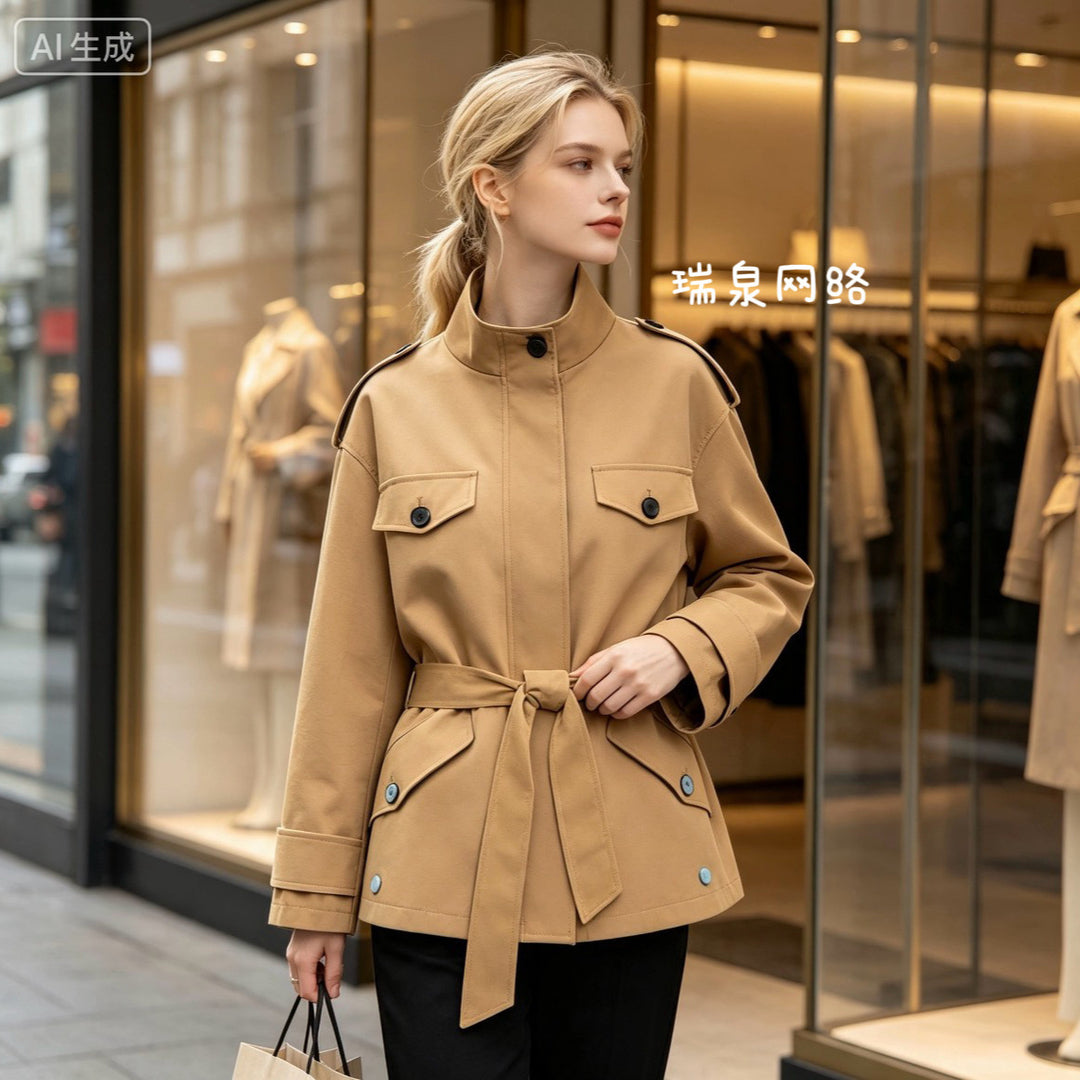 Damen Kurze Utility-Jacke mit Taillengürtel und Schulterklappen Drune
