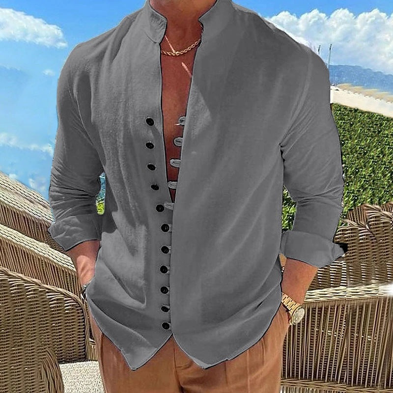 Herren nan Leinenoptik Sommerliches Freizeithemd mit Stehkragen, dekorativer Knopfleiste und krempelbaren Ärmeln Drune