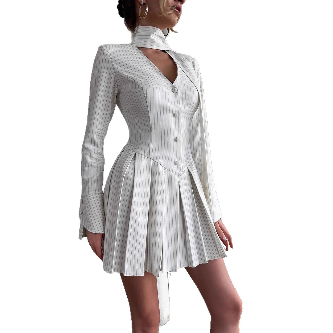 Damen Hemdblusenkleid mit Stehkragen und Faltenwurf Drune