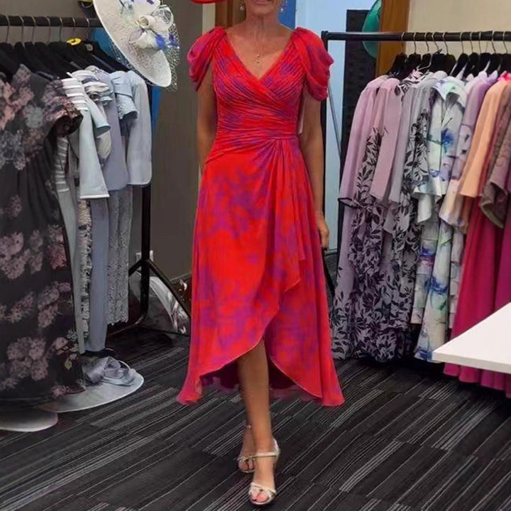 Damen nan festliches Chiffon-Midikleid mit gekreuztem V-Ausschnitt, taillenraffung und asymmetrischem Tulpenrock Drune
