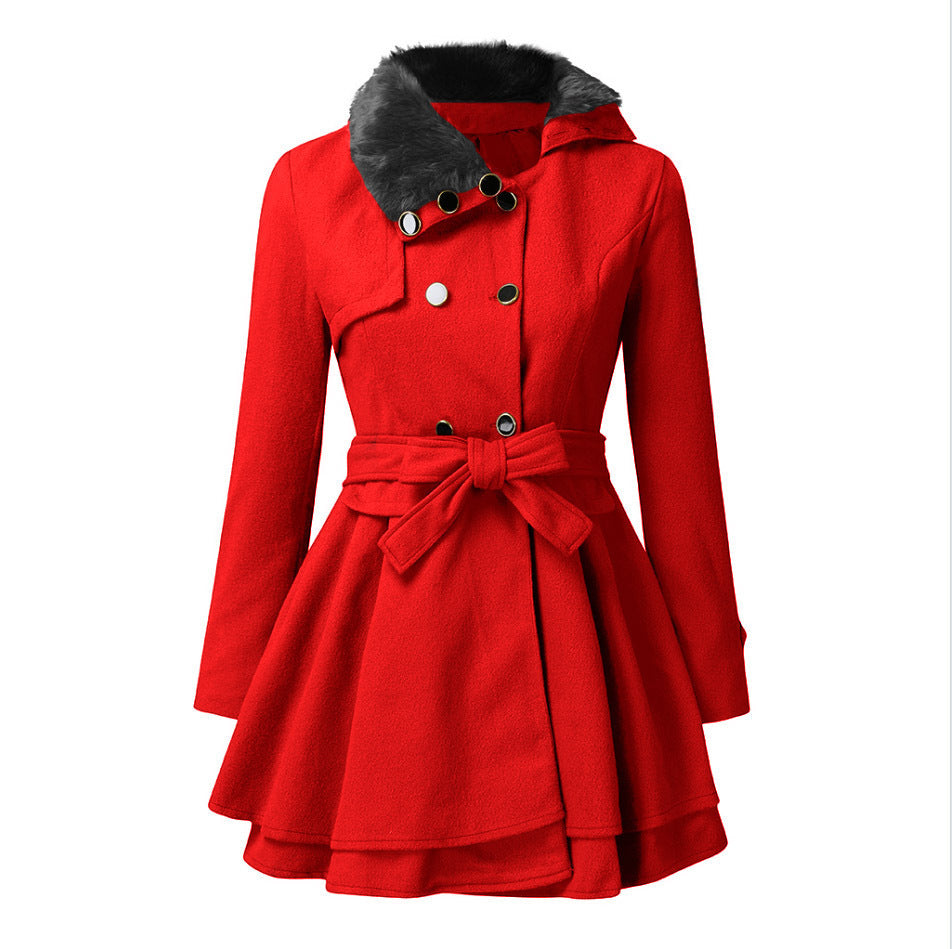 Damen eleganter Trenchcoat mit abnehmbarem Fellkragen und Taillengürtel Drune