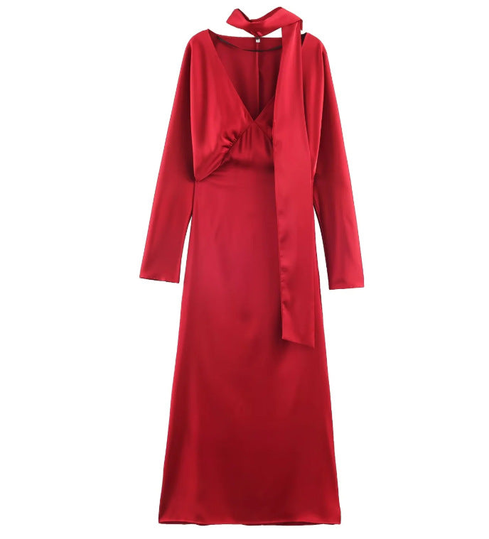 Damen 10+ langes Satin‑Maxikleid mit V‑Ausschnitt, taillierter Silhouette und Halstuch Drune