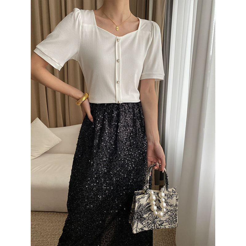 Damen elegantes Oberteil mit feinen Knopfdetails Drune