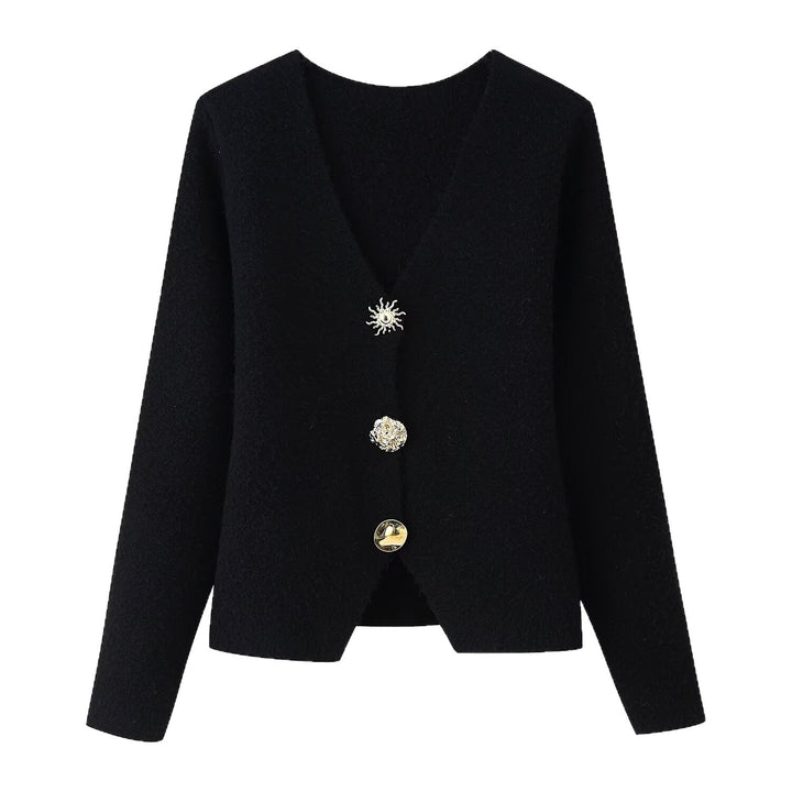 Damen Eleganter Kurzcardigan aus Bouclé‑Strick mit tiefem V‑Ausschnitt und dekorativer Schmuckknopfleiste Drune