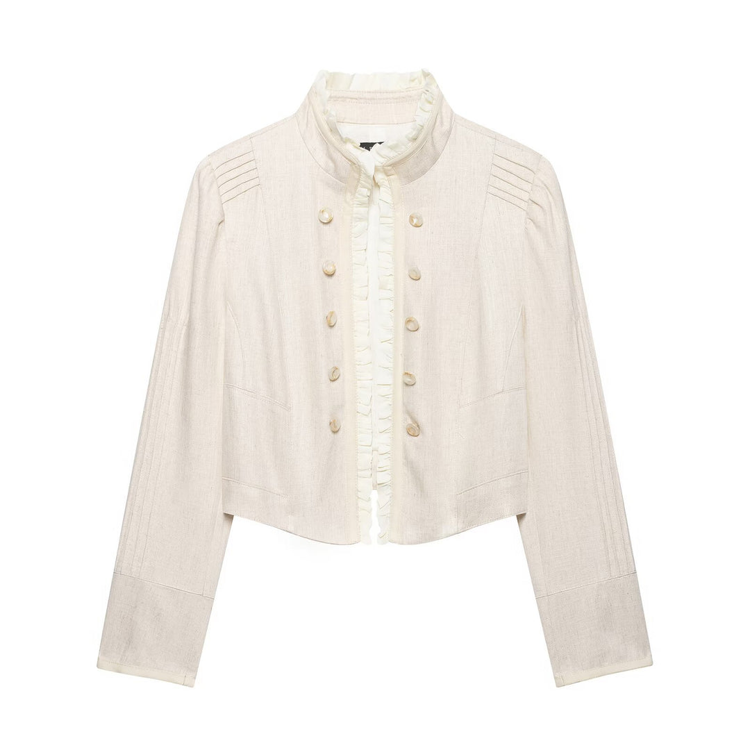 Damen Cropped-Jacke aus Leinenmix mit Stehkragen, Zierknopfleiste und Rüschendetail Drune