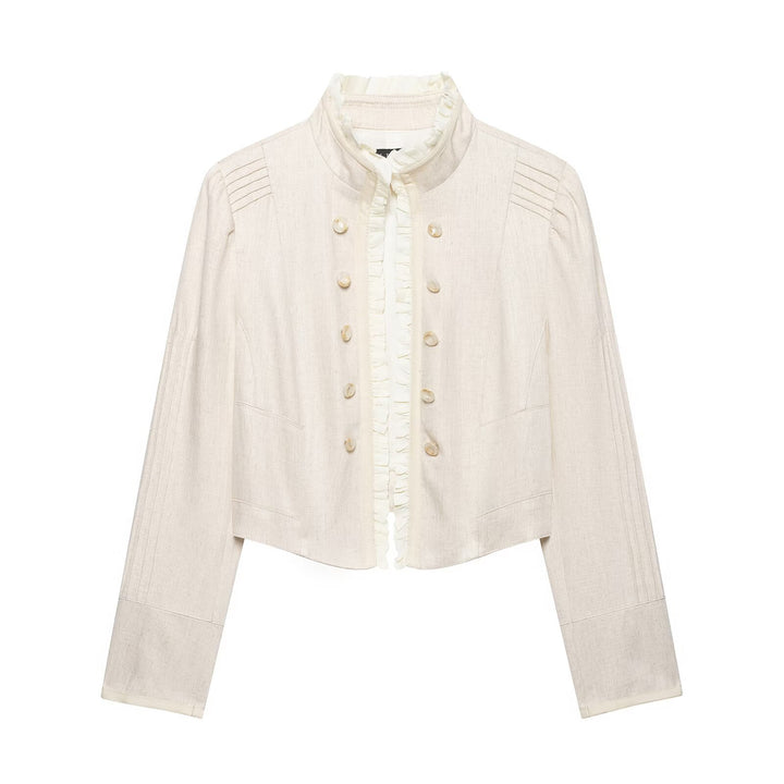 Damen Cropped-Jacke aus Leinenmix mit Stehkragen, Zierknopfleiste und Rüschendetail Drune