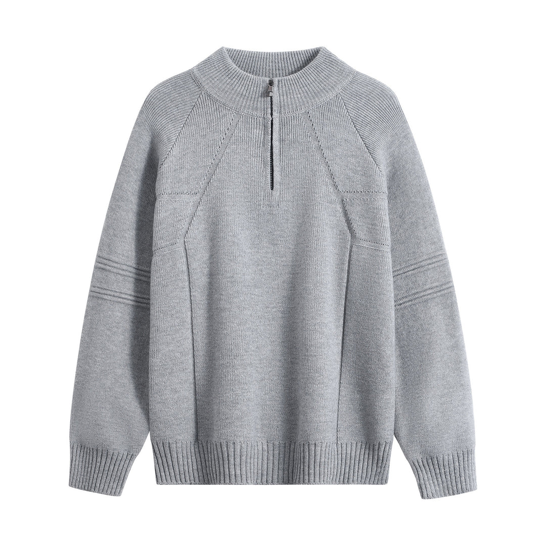 Unisex Oversize-Strickpullover mit Halbreißverschluss und geripptem Stehkragen Drune