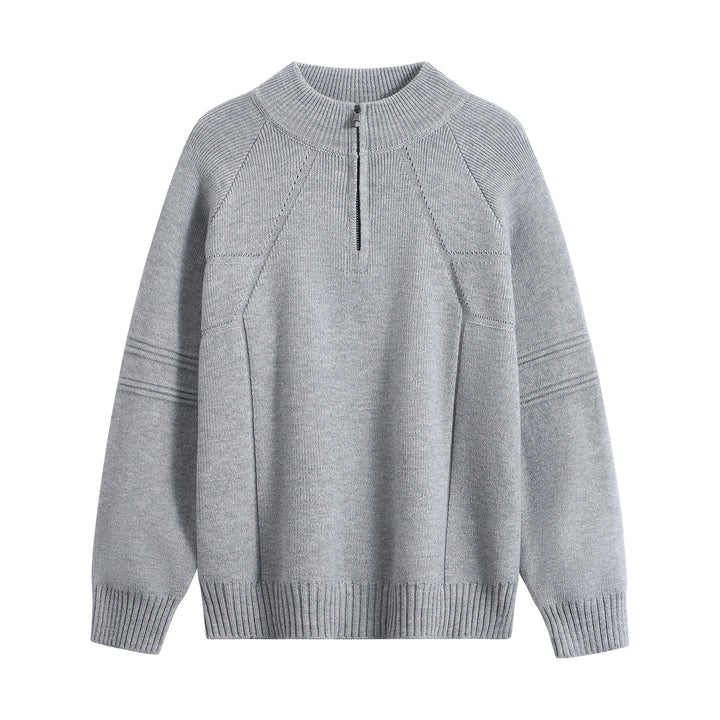 Unisex Oversize-Strickpullover mit Halbreißverschluss und geripptem Stehkragen Drune