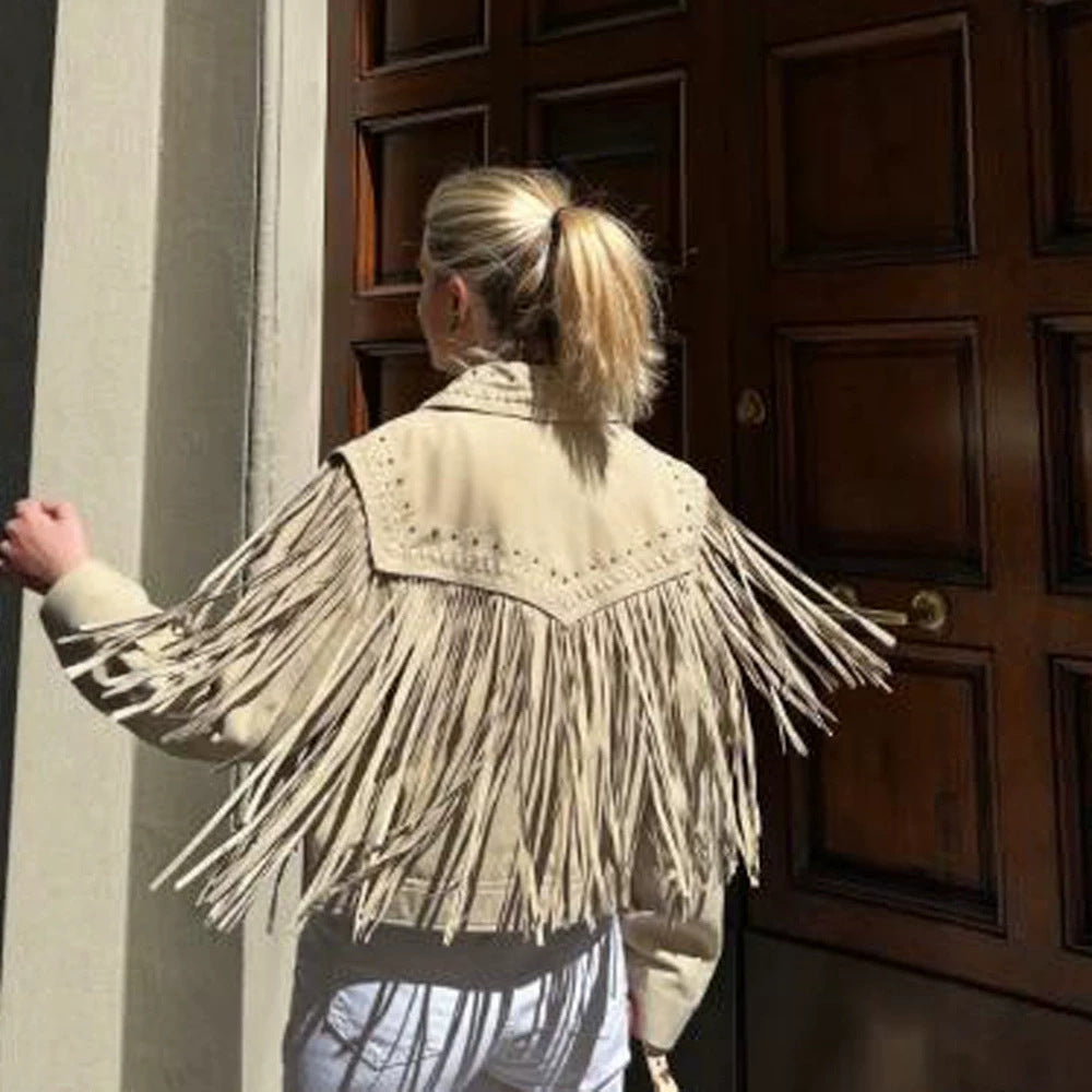 Damen Kurzfransen-Suedejacke im Westernstil mit Ziernähten und Nieten Drune