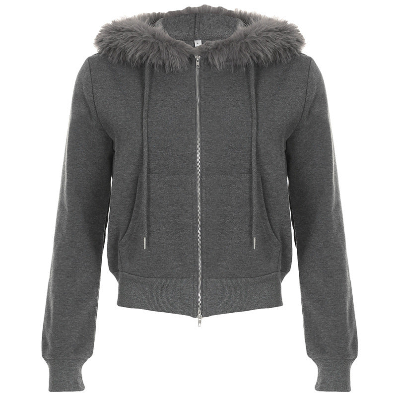 Damen Zip-Up Sport Hoodie mit Kunstfellbesatz Drune