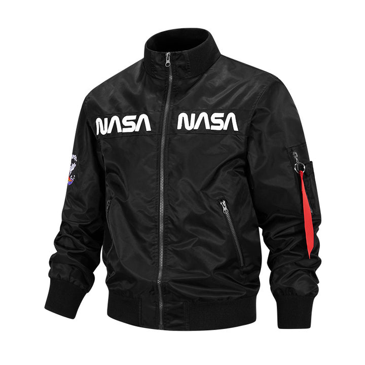 Men's  retro-space pilot bomber with embroidered NASA chest panels and sleeve utility pocket Drune