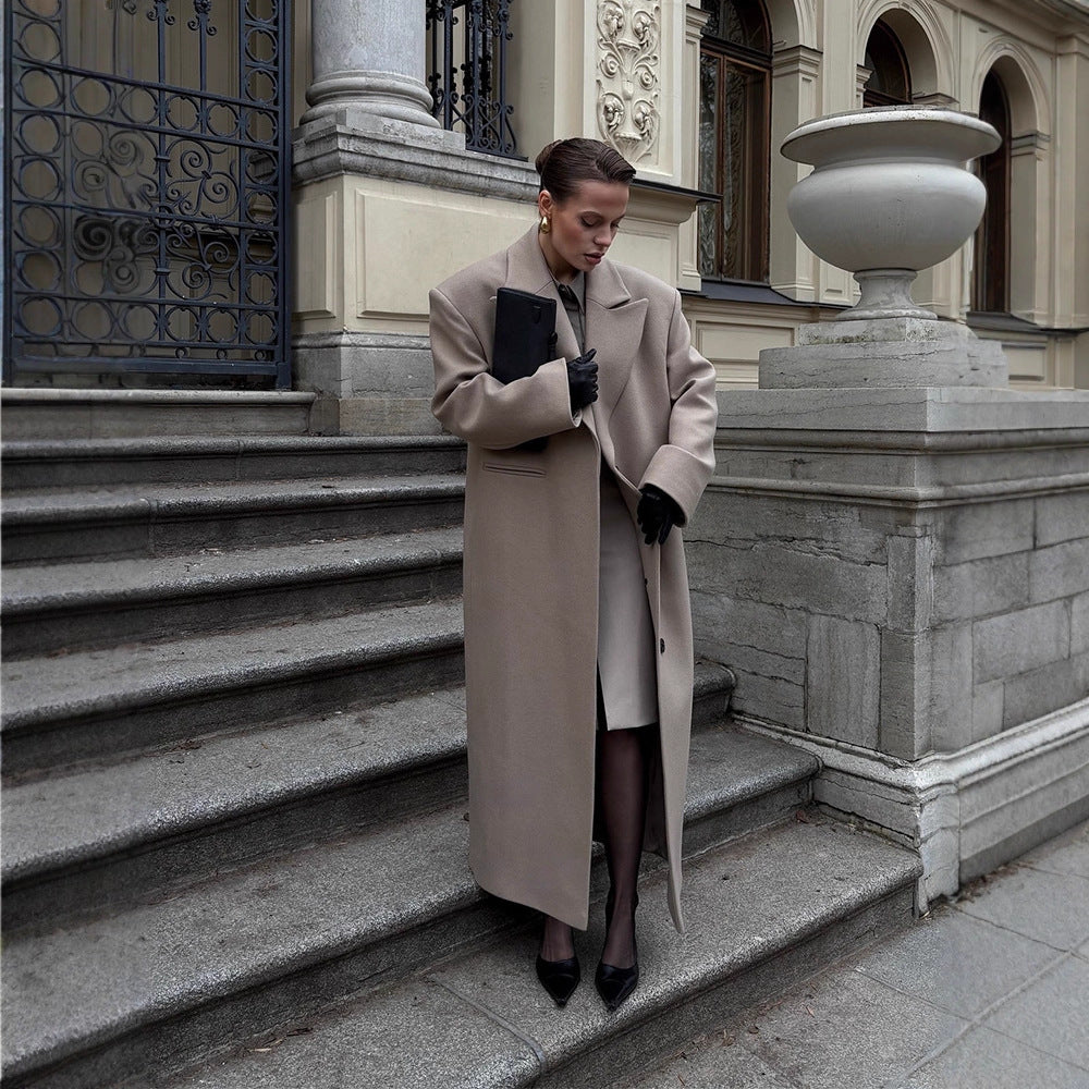 Damen Maxilanger Clean-Cut Wollmixmantel mit übergroßem Revers und gerader Silhouette Drune