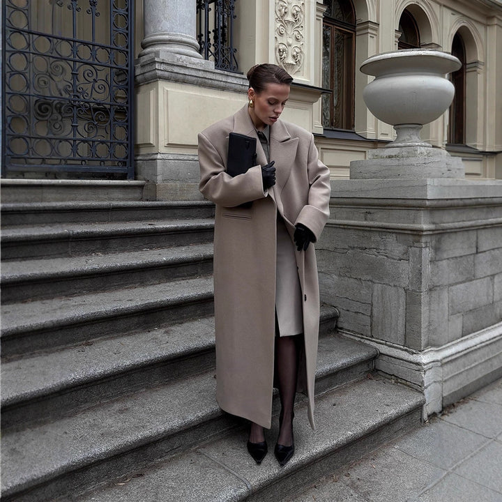 Damen Maxilanger Clean-Cut Wollmixmantel mit übergroßem Revers und gerader Silhouette Drune