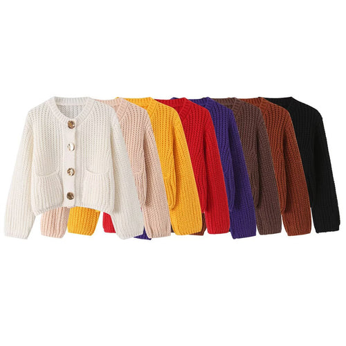 Damen Grobgestrickte Kurzstrickjacke mit großen Zierknöpfen und aufgesetzten Taschen Drune