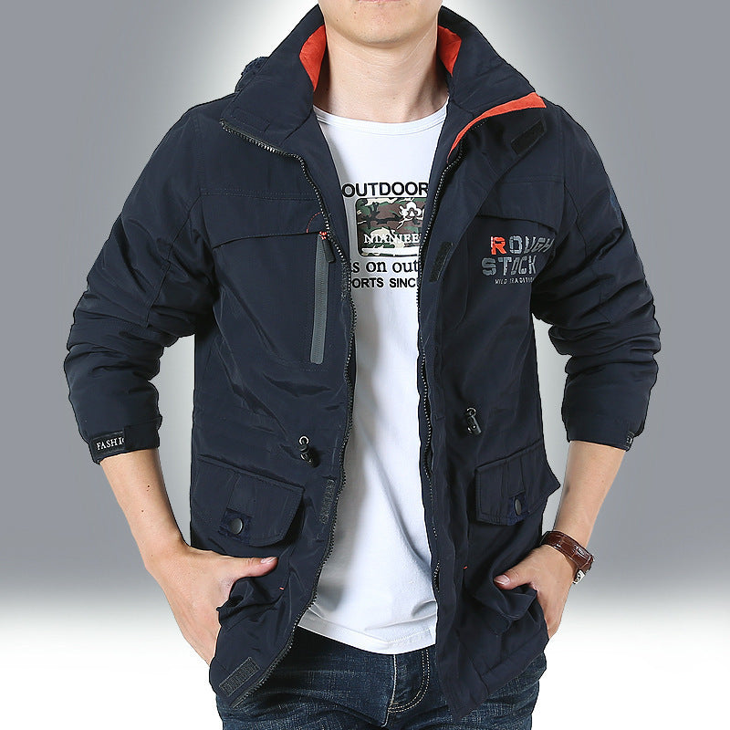 Herren Leichte Utility-Fieldjacke mit hohem Stehkragen, Mehrfachtaschen und Windschutz Drune