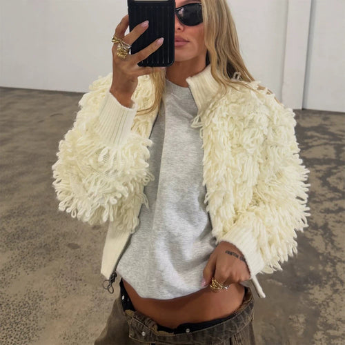 Damen Kurze Strickjacke mit puscheliger Bouclé-Optik, Reißverschluss und breitem Rippenbund Drune