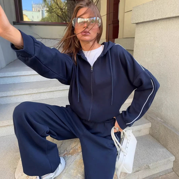Damen lässiges Lounge-Set aus French-Terry mit Kurzzip-Hoodie und High-Waist Wide-Leg Jogginghose mit Kontrastpaspel Drune