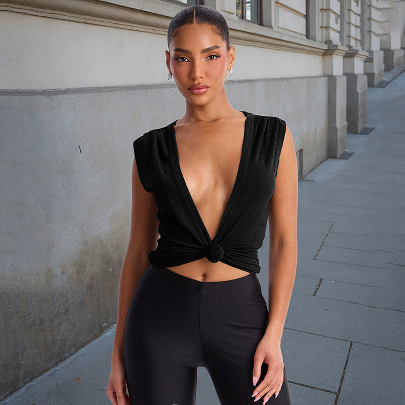 Damen Stylishes Wickeloberteil mit tiefem V-Ausschnitt und Knoten-Detail Drune