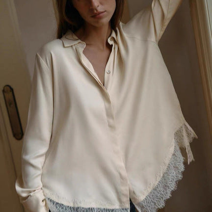 Damen Oversize-Bluse mit verdeckter Knopfleiste und Spitzenabschluss Drune