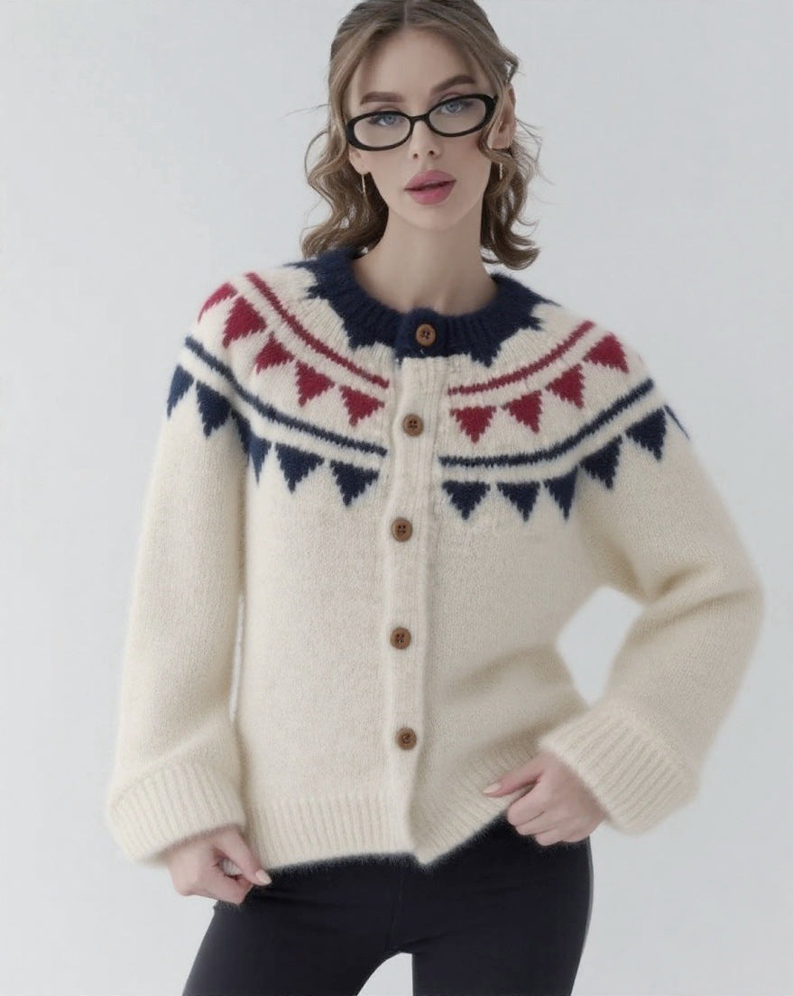 Damen kuscheliger Strickcardigan mit grafischem Norweger-Muster und Holzknopfdetails Drune