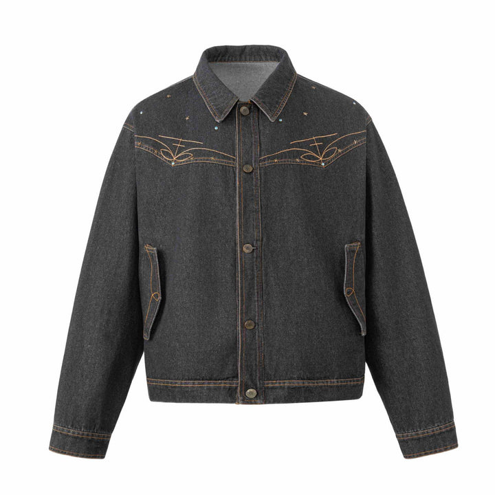 Unisex Boxy-Jeansblouson mit Sternstickerei und Ziernieten Drune