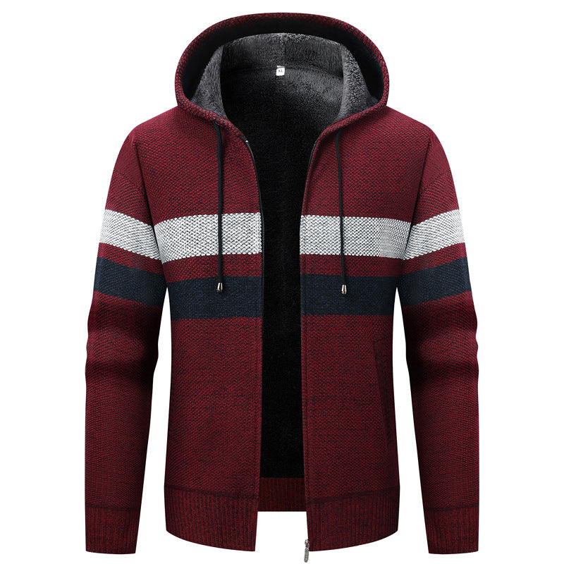 Herren Kapuzen-Strickjacke mit Teddyfutter, Reißverschluss und Kontraststreifen Drune