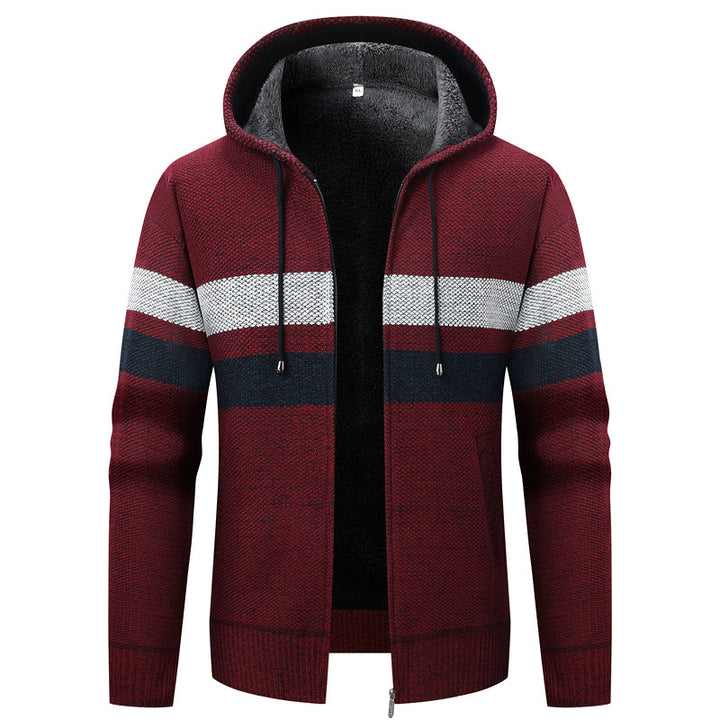 Herren Kapuzen-Strickjacke mit Teddyfutter, Reißverschluss und Kontraststreifen Drune