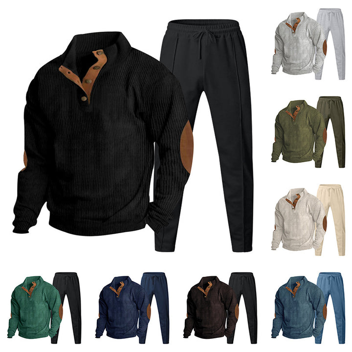 Herren Strukturiertes Henley-Loungewear-Set mit Ellenbogen-Patches & tapered Jogginghose Drune