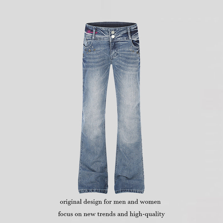 Damen High‑Waist Flared-Jeans mit weitem Bein, Doppelknopf und Nieten-Detail Drune