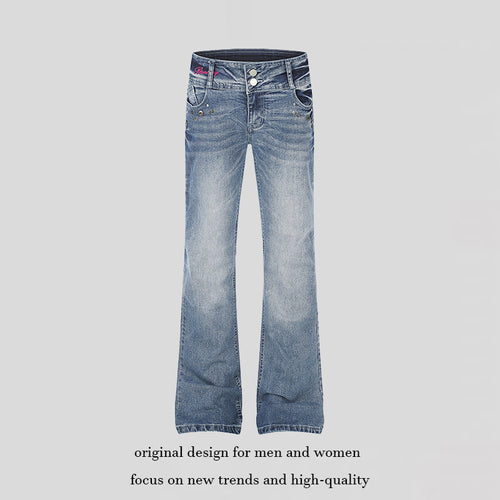 Damen High‑Waist Flared-Jeans mit weitem Bein, Doppelknopf und Nieten-Detail Drune