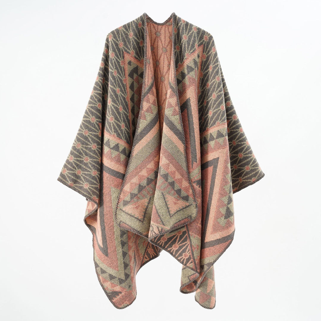 Damen Strukturiertes Jacquard-Poncho-Überwurf mit grafischem Ethno-Muster und offenem Kimono-Fall Drune