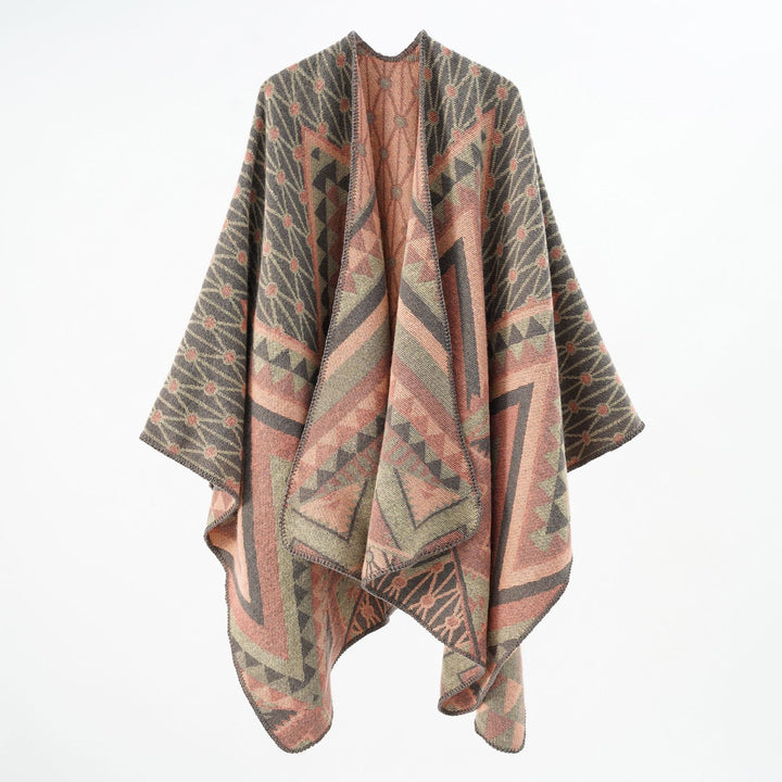 Damen Strukturiertes Jacquard-Poncho-Überwurf mit grafischem Ethno-Muster und offenem Kimono-Fall Drune