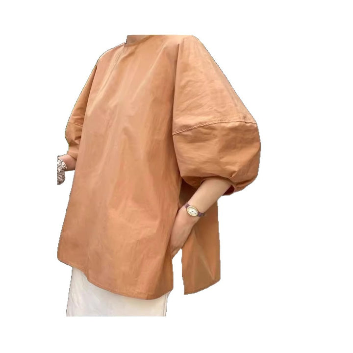 Damen Weite Baumwollbluse mit 3/4-Ballonärmeln und abgerundetem Saum Drune