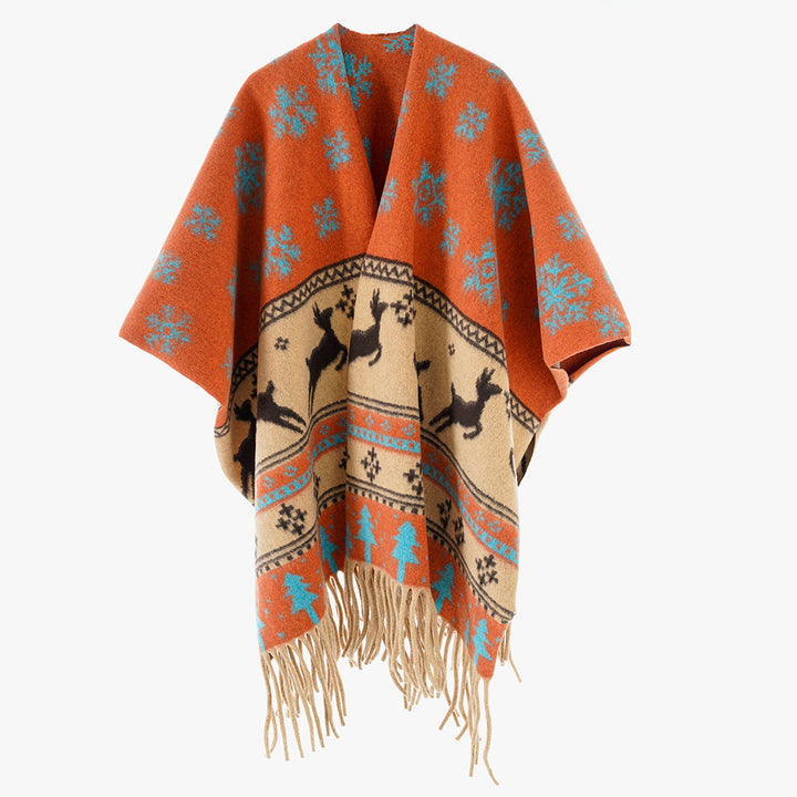 Damen Oversize-Poncho mit Norweger-Motiv und Fransen aus Wollmix Drune