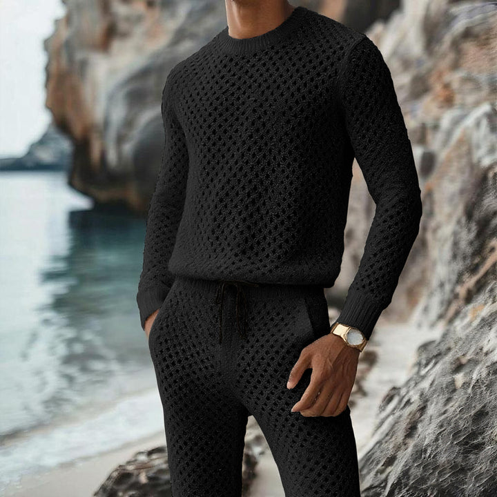 Herren Strukturstrick-Pullover mit feinmaschigem Lochmuster und Rundhals Drune