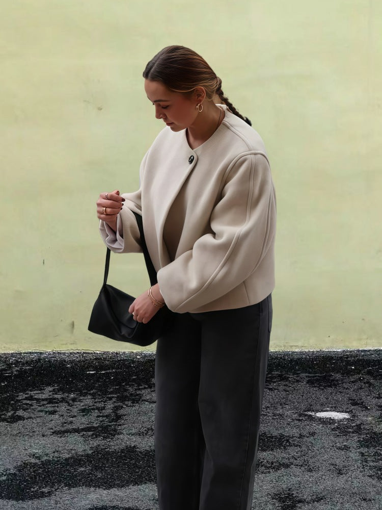 Damen Wickeljacke mit weiten Ärmeln und dekorativem Knopf Drune