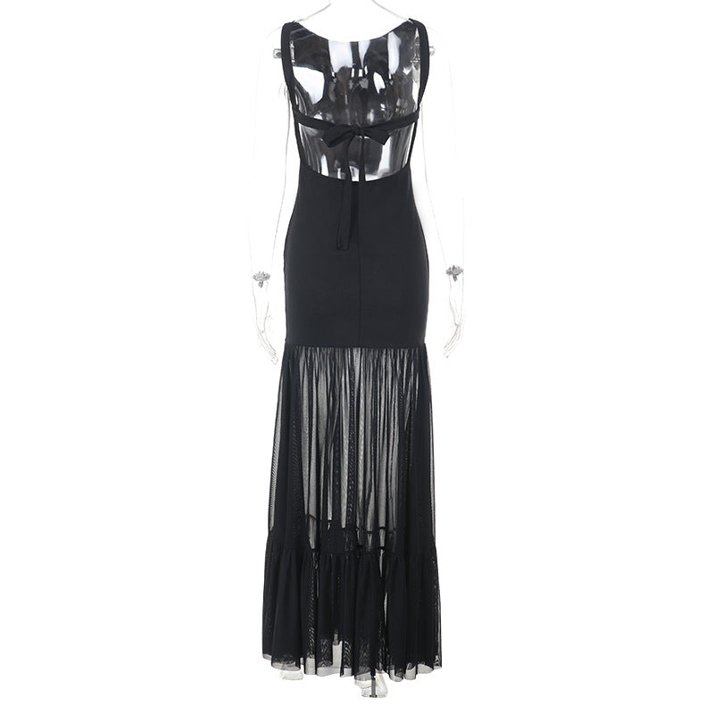 Damen Elegantes Maxikleid mit transparenten Einsätzen und Rüschendetails Drune
