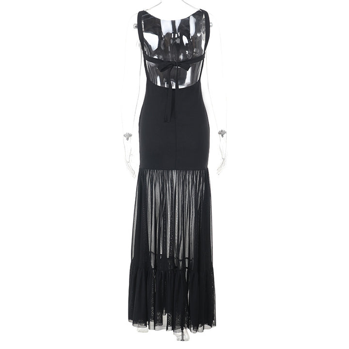 Damen Elegantes Maxikleid mit transparenten Einsätzen und Rüschendetails Drune