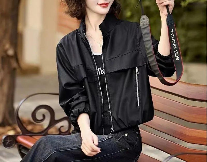 Damen Modische und edgy Lederjacke mit hohem Kragen und doppelt genähten Nähten Drune