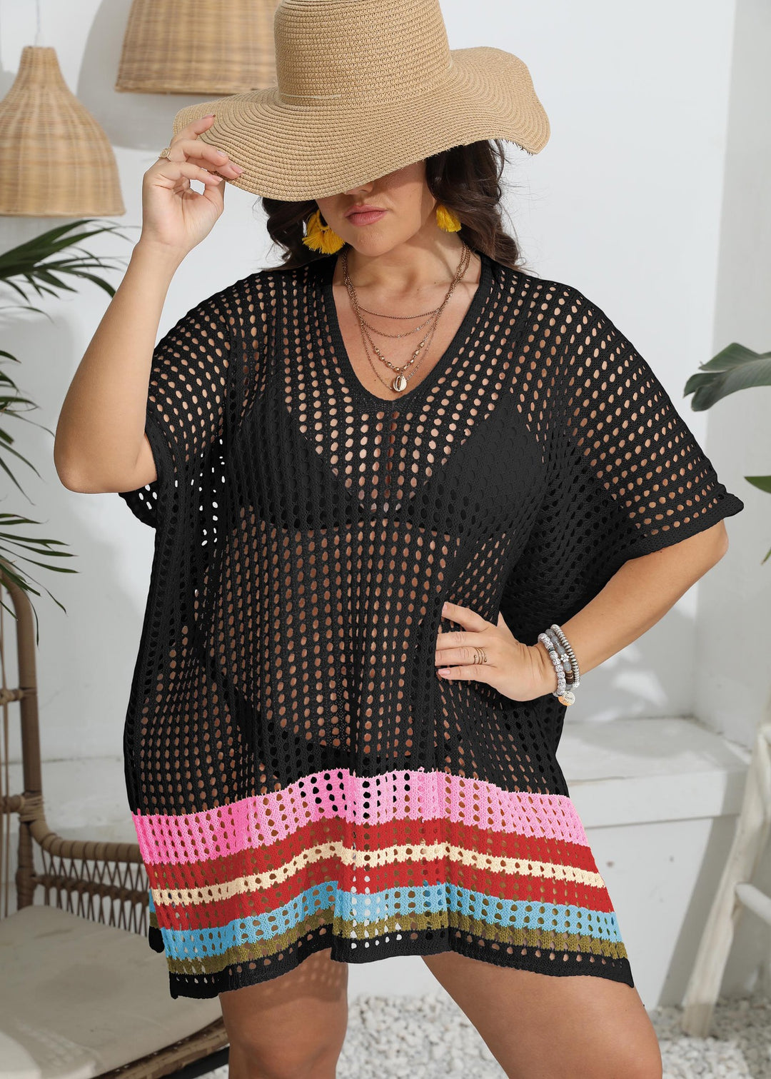 Damen transparenter Strandüberwurf mit buntem Lochdesign Drune