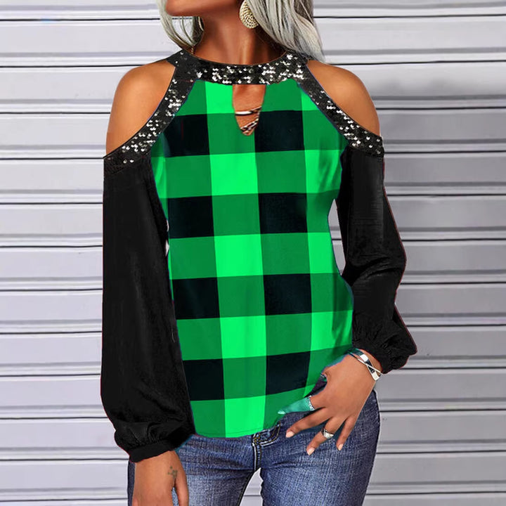 Damen Off-Shoulder kariertes Bluse mit Paillettenbesatz und langen Ballonärmeln Drune