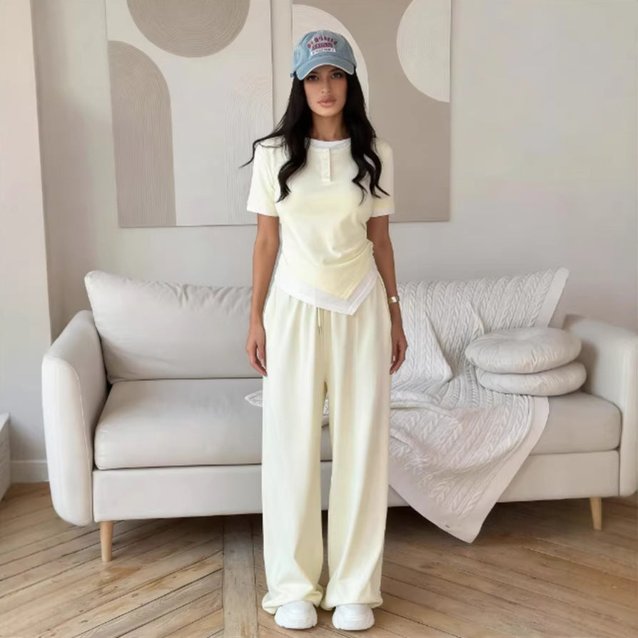 Damen elegantes Set aus Kurzarmshirt und weit geschnittenen Hosen Drune