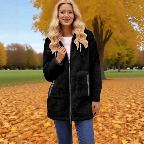 Damen Teddy-Fleece-Mantel mit Kapuze, durchgehendem Reißverschluss und aufgesetzten Taschen Drune