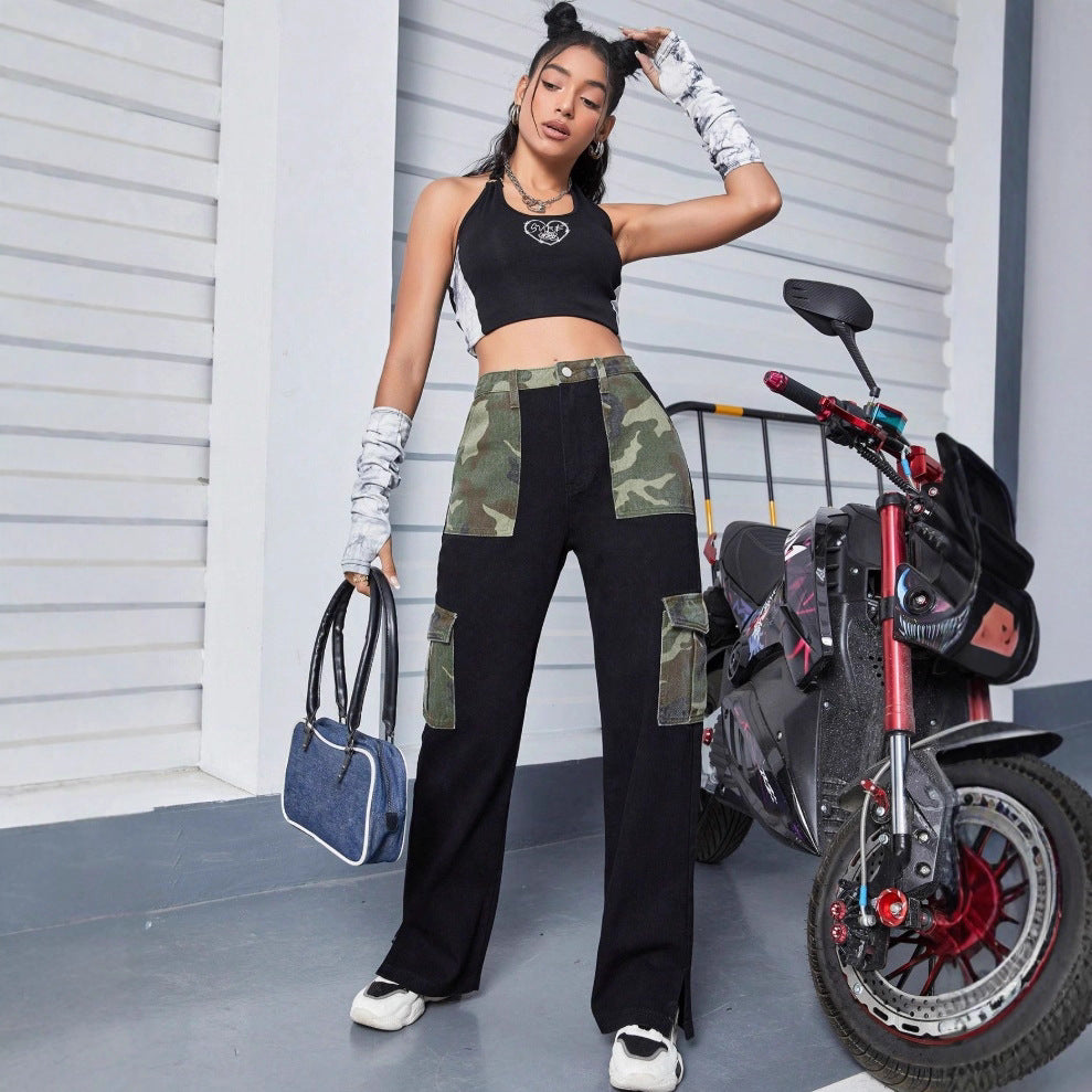Damen High-Waist Cargo-Jeans mit Camouflage-Einsätzen und weitem Bein Drune