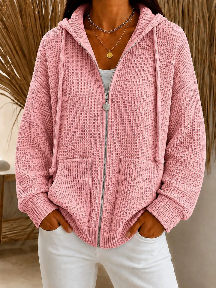 Damen Oversize Waffelstrick-Kapuzenjacke mit Reißverschluss und aufgesetzten Taschen Drune
