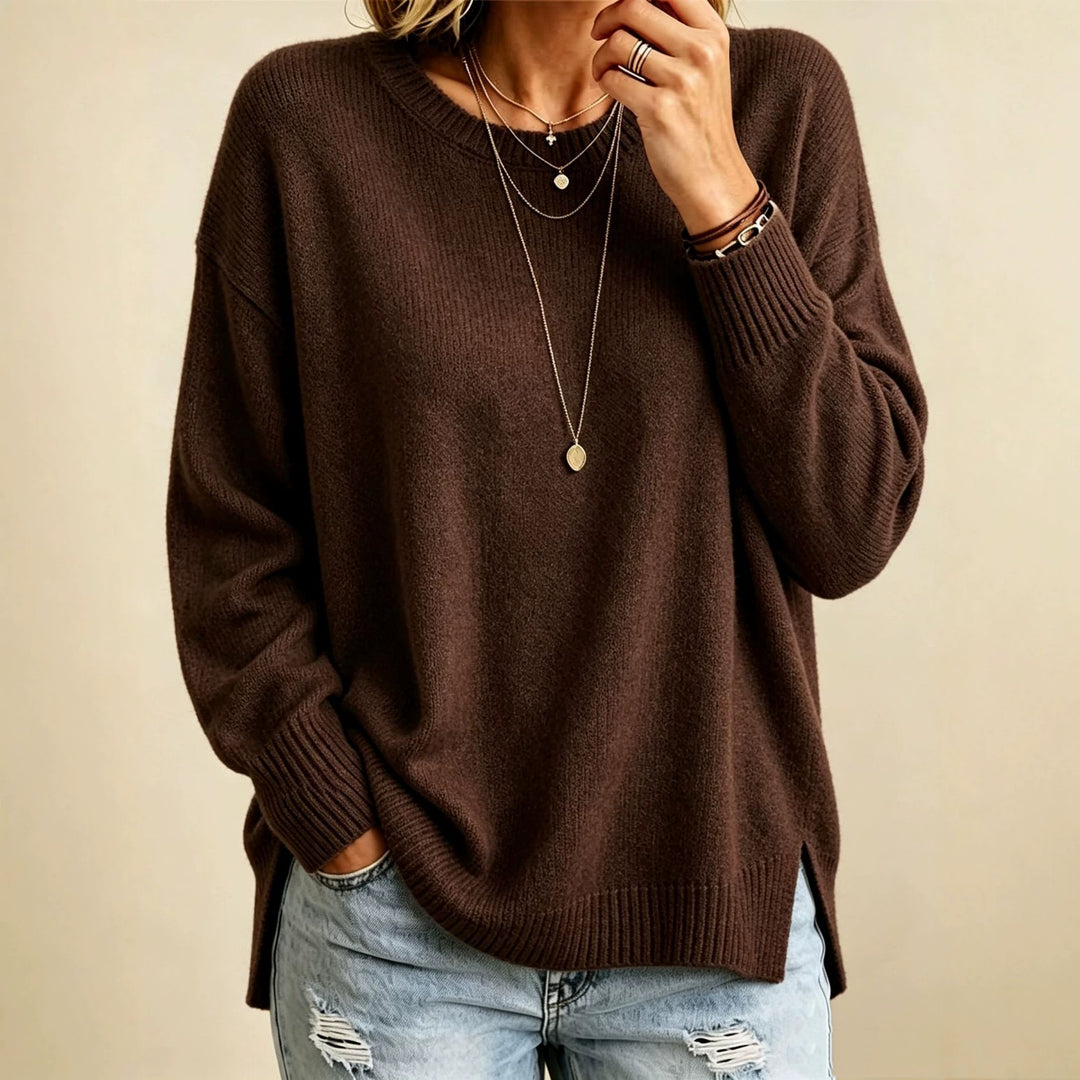 Damen Locker geschnittener Rundhals-Feinstrickpullover mit Seitenschlitzen und gerippten Bündchen Drune
