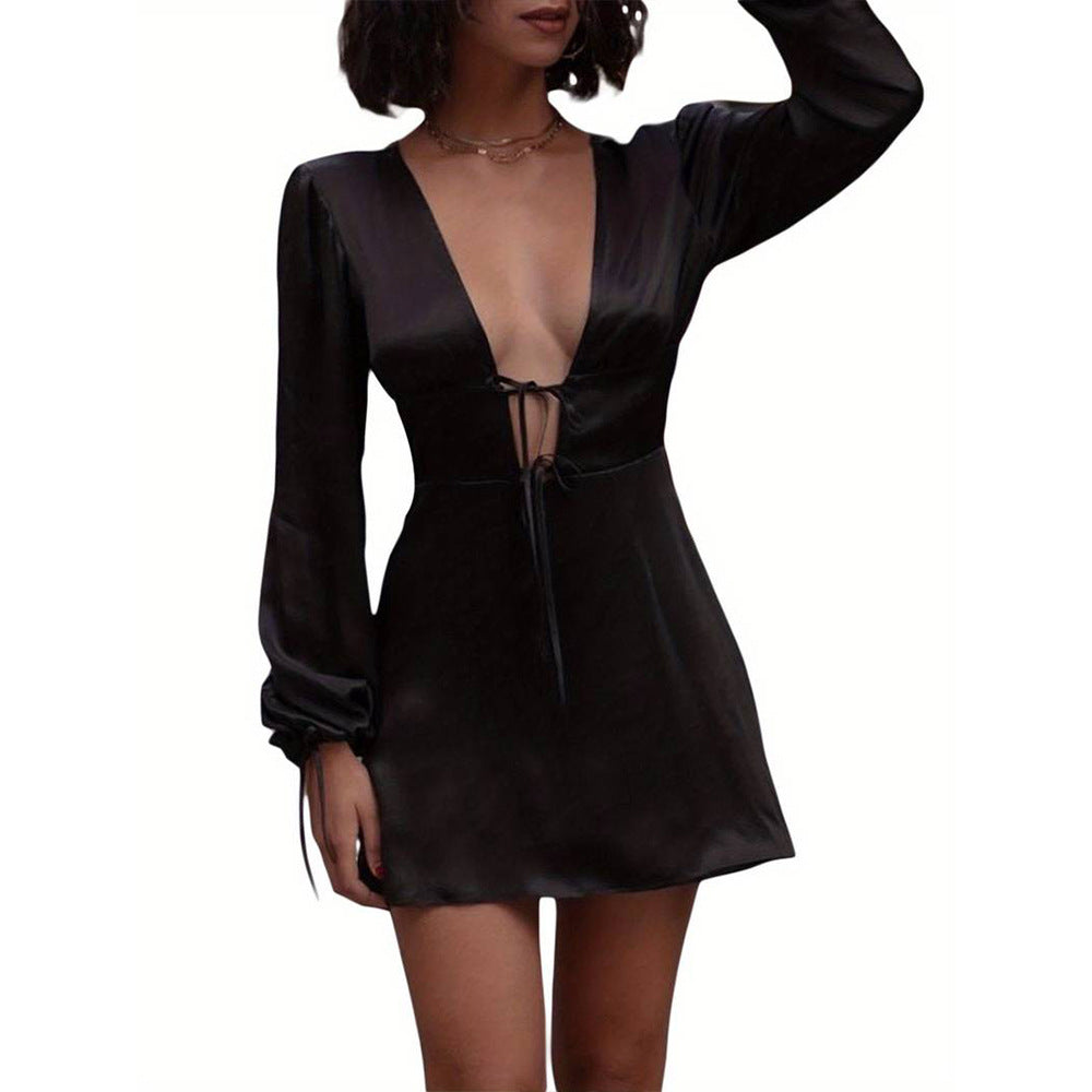Damen schickes Minikleid mit V-Ausschnitt und Raffbändern Drune