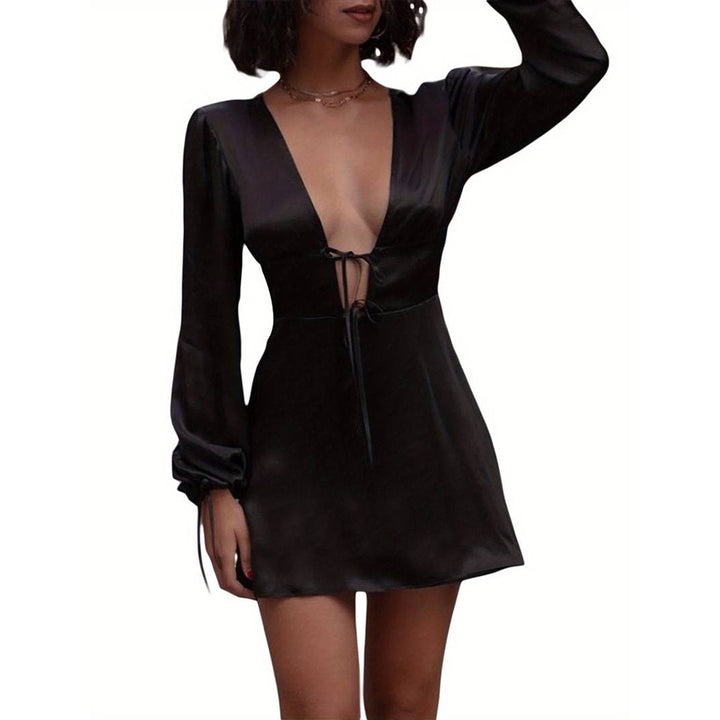 Damen schickes Minikleid mit V-Ausschnitt und Raffbändern Drune