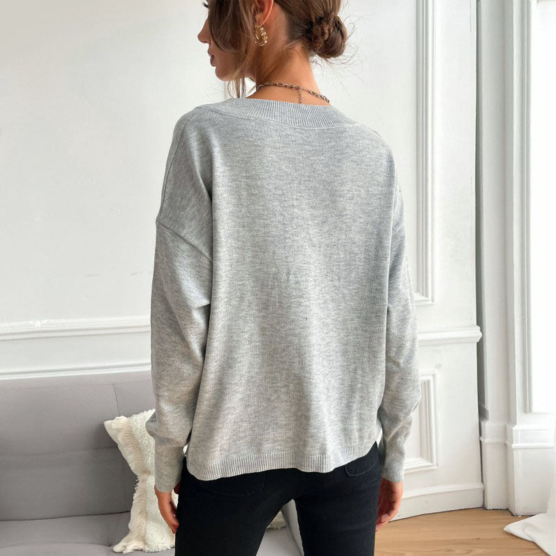 Damen Feiner V‑Ausschnitt Strickpullover mit Stern‑Intarsien und überschnittener Schulter Drune